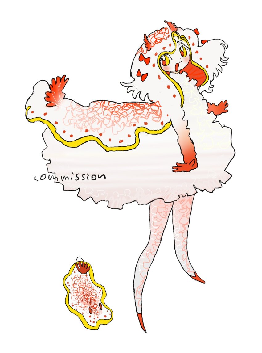 1girl bow colored_inner_hair colored_sclera dress full_body hair_bow highres isoi00 long_hair looking_at_viewer multicolored_hair original red_bow red_eyes red_hair sea_slug sea_slug_girl simple_background solo standing white_background white_dress white_hair yellow_sclera