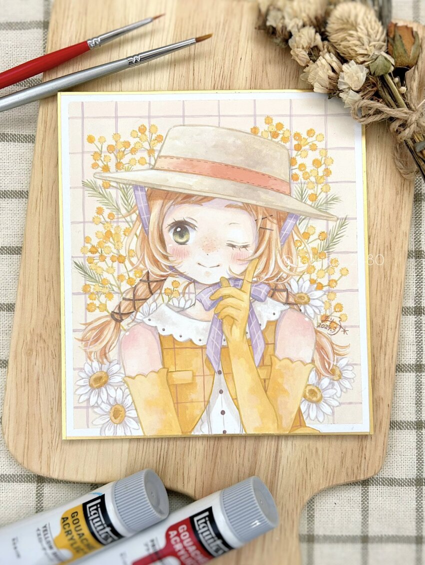 1girl 2024 acrylic_paint_(medium) art_tools_in_frame bare_shoulders black_ribbon blurry blush braid brown_hair closed_mouth daisy_(flower) dated depth_of_field dress elbow_gloves flower gloves green_eyes hair_ornament hair_ribbon hairclip hat highres long_hair looking_at_viewer mariko_(fall-scorpio113) one_eye_closed original paint_tube paintbrush painting_(medium) pencil photo_(medium) plaid ribbon shirt sleeveless smile solo traditional_media twin_braids twintails twitter_username upper_body vest watermark white_flower yellow_dress yellow_flower yellow_gloves