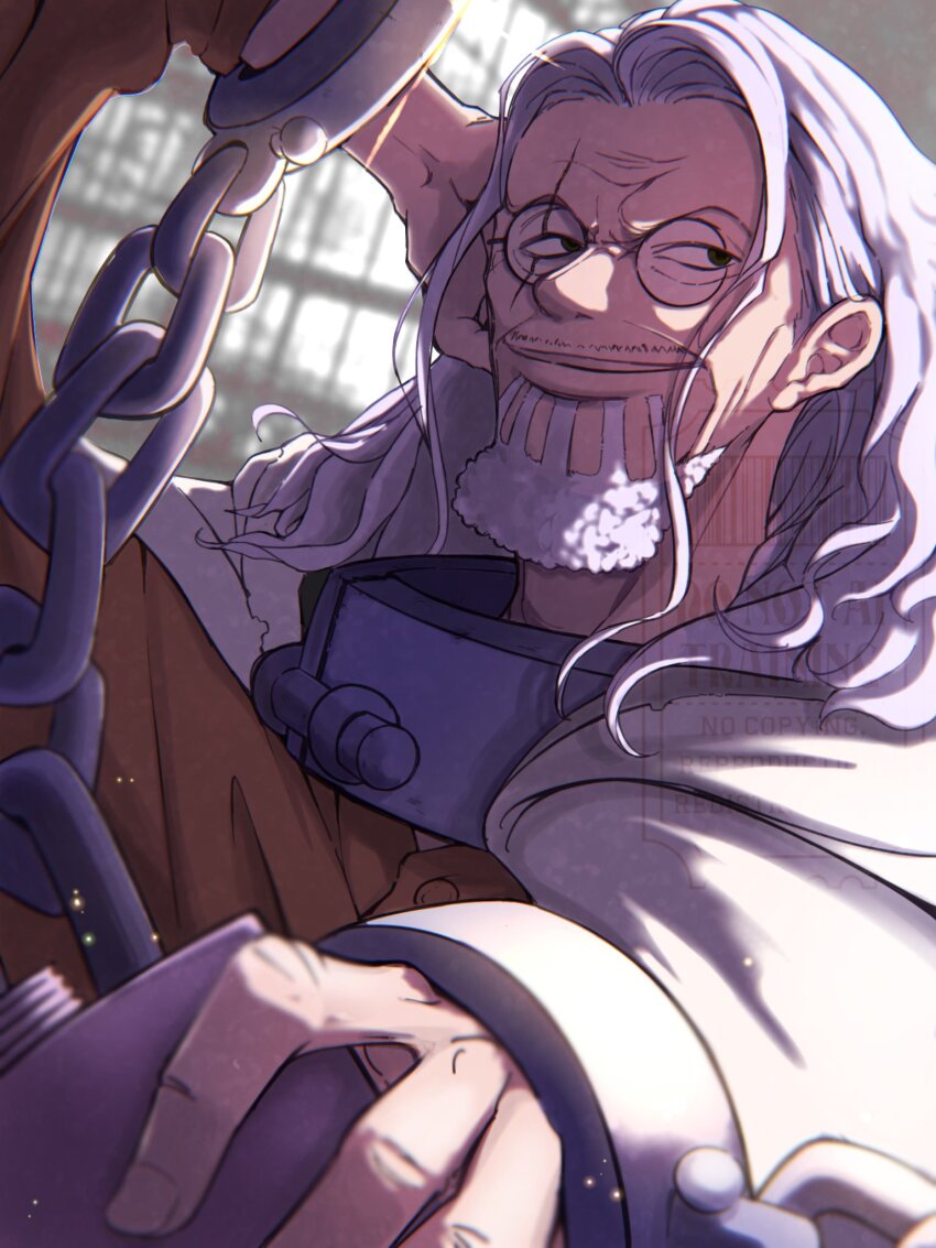 1boy beard cape cuffs facial_hair flask glasses handcuffs highres holding holding_flask long_hair looking_to_the_side male_focus one_piece orange_shirt scar scar_across_eye scar_on_face shirt sidelocks silvers_rayleigh smile smith_(smi_op) solo white_cape white_hair