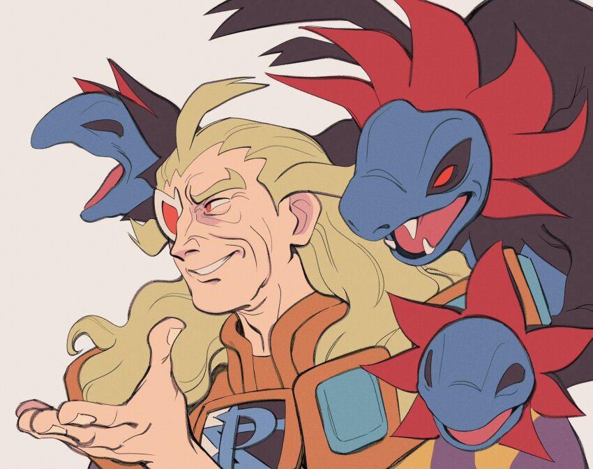 1boy ahoge commentary gen_5_pokemon ghetsis_(pokemon) green_hair grey_background grin hand_up highres hydreigon logo long_hair lynn_(daisiloou) male_focus nintendo pokemon pokemon_(creature) pokemon_bw red_eyes smile team_plasma teeth white-framed_eyewear wrinkled_skin