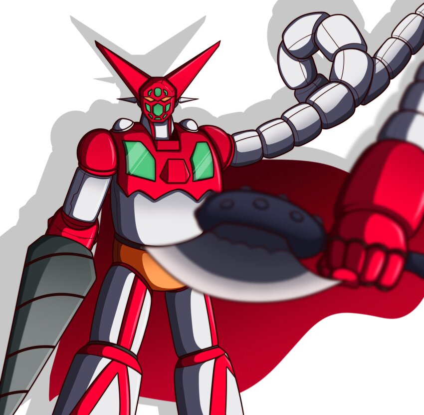 absurdres axe cape drill drill_hand getter-1 getter-2 getter-3 getter_robo getter_robo_(classic) highres holding holding_axe holding_weapon mecha mecha_focus no_humans robot solo super_robot tomahawk weapon yellow_eyes zeon132