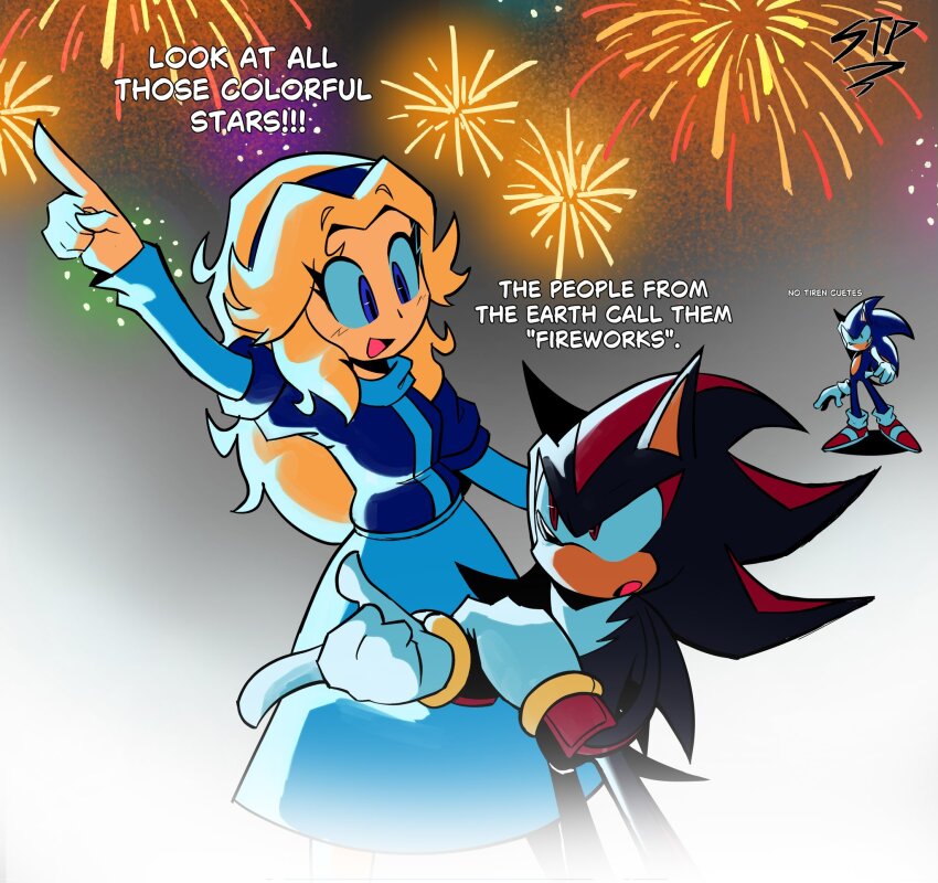 1girl 2boys aerial_fireworks blonde_hair blue_eyes fireworks furry furry_male gloves highres looking_at_another maria_robotnik mixed-language_text multiple_boys neimsteps red_eyes shadow_the_hedgehog signature sonic_(series) sonic_the_hedgehog white_gloves