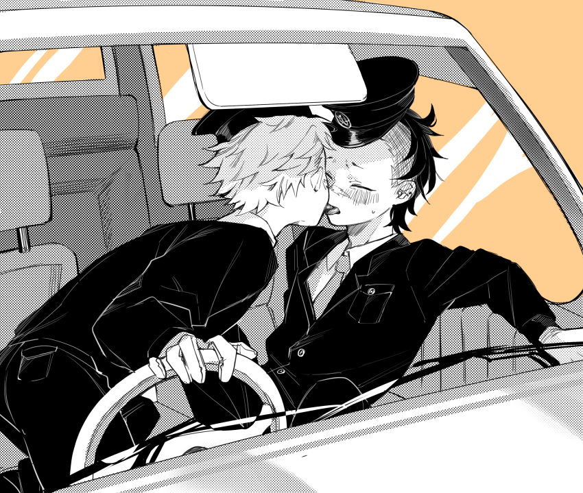 2boys absurdres against_door amo_(amo_0514) arm_support ben-day_dots bent_over blush car car_interior car_seat closed_eyes collared_shirt commentary_request french_kiss furrowed_brow gloves greyscale_with_colored_background hat hatching_(texture) highres incest jacket kimetsu_no_yaiba kiss leaning_back linear_hatching long_sleeves male_focus mohawk motor_vehicle multiple_boys necktie open_mouth orange_background pants peaked_cap police police_uniform policeman raised_eyebrows scar scar_on_face scar_on_nose screentones shinazugawa_genya_(c205) shinazugawa_sanehiro shirt short_hair simple_background sitting small_sweatdrop steering_wheel tongue tongue_out wipers yaoi