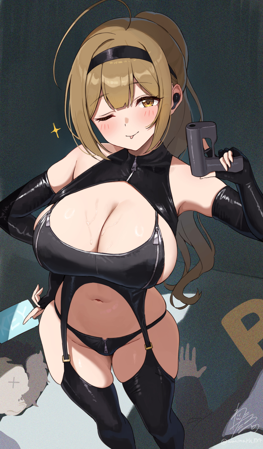 1girl 2boys ;p absurdres ahoge black_gloves black_hairband black_thighhighs blush breasts brown_hair cleavage commentary_request elbow_gloves fingerless_gloves gloves groin gun hairband handgun highres holding holding_gun holding_weapon huge_ahoge idolmaster idolmaster_shiny_colors impossible_clothes kuwayama_chiyuki large_breasts long_hair looking_at_viewer multiple_boys navel one_eye_closed p-head_producer panties ponytail producer_(idolmaster) signature solo sparkle stomach sweat thighhighs tongue tongue_out twitter_username underwear very_long_hair wanimaru weapon wireless_earphones x_x zipper_panties