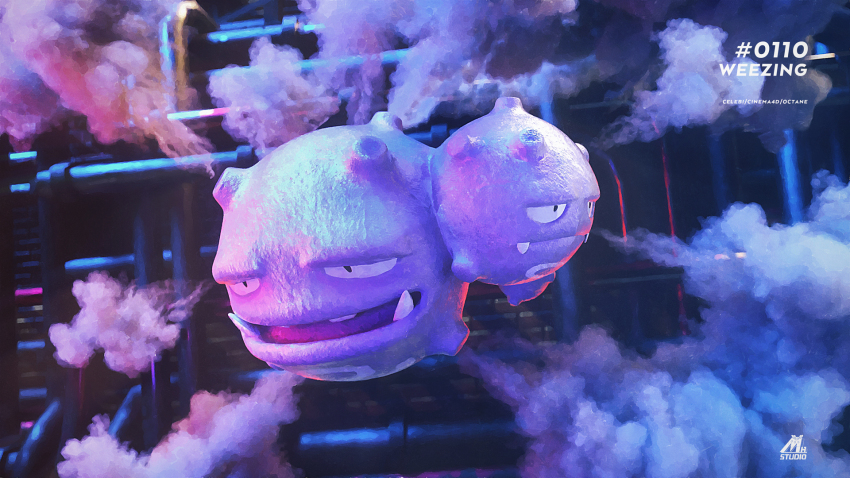 3d artist_name celebi350300687 character_name cinema_4d_(medium) closed_mouth creatures_(company) fangs floating full_body game_freak gen_1_pokemon highres industrial_pipe multiple_heads nintendo open_mouth pokedex_number pokemon pokemon_(creature) pokemon_focus solo weezing