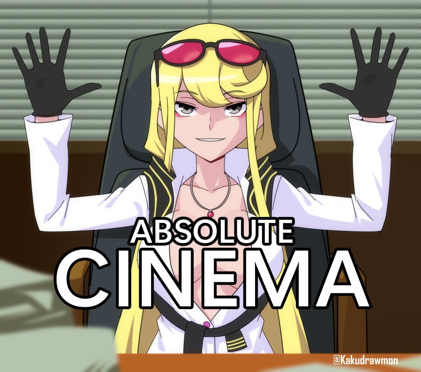 black_eyes blonde_hair breasts digimon digimon_story:_cyber_sleuth eyewear_on_head gloves highres kakudrawmon kuremi_kyouko long_hair looking_at_viewer meme smile teeth
