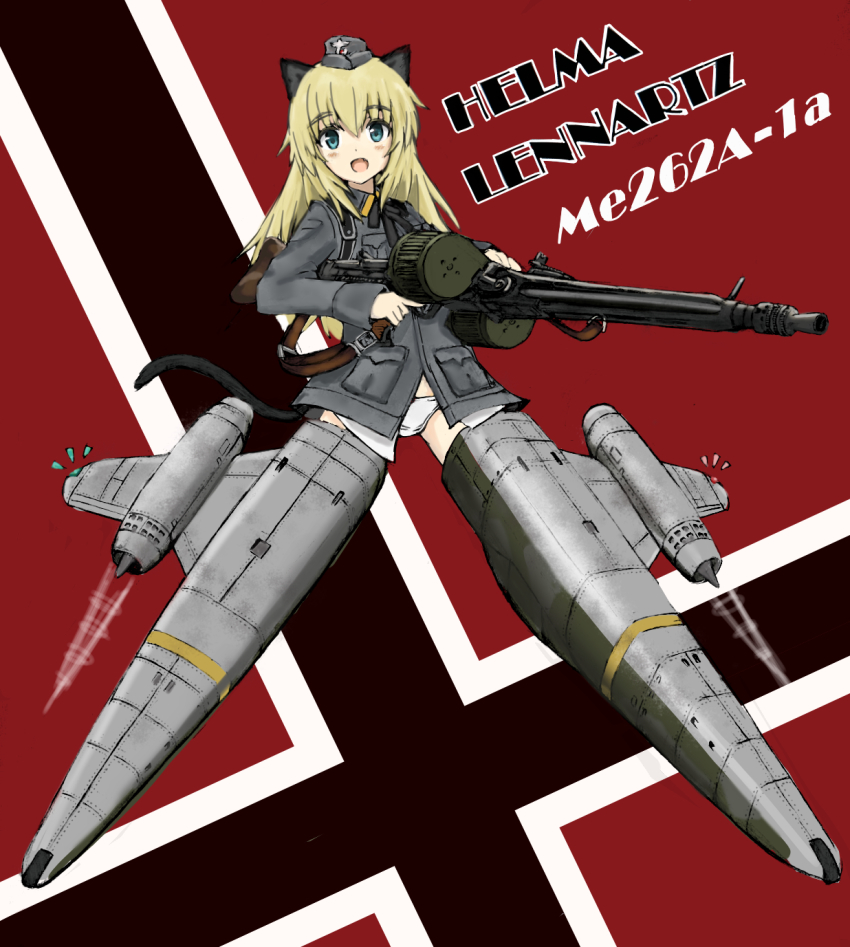 1girl animal_ears black_ribbon blonde_hair blue_eyes cat_ears cat_tail character_name commentary crotch_seam double-drum_magazine drum_magazine dual_drum_magazine female_focus flying garrison_cap grey_hat grey_jacket gun hat helma_lennartz high-capacity_magazine highres holding holding_gun holding_weapon imperial_german_flag jacket long_hair long_sleeves looking_at_viewer machine_gun magazine_(weapon) mg42 military military_hat military_uniform motion_blur neck_ribbon no_pants open_mouth panties ribbon saddle-drum smile solo strike_witches:_suomus_misfits_squadron striker_unit tail turkeysand_(fernandear_504) underwear weapon white_panties world_witches_series