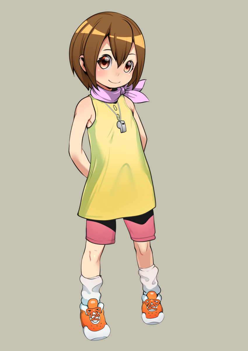 1girl arms_behind_back bandana beige_background brown_eyes brown_hair child digimon digimon_adventure female_focus full_body highres j7w looking_at_viewer orange_shoes pink_bandana pink_shorts shirt shoes short_hair short_sleeves shorts sidelocks simple_background sleeveless smile sneakers socks solo standing tank_top whistle whistle_around_neck white_socks yagami_hikari yellow_shirt