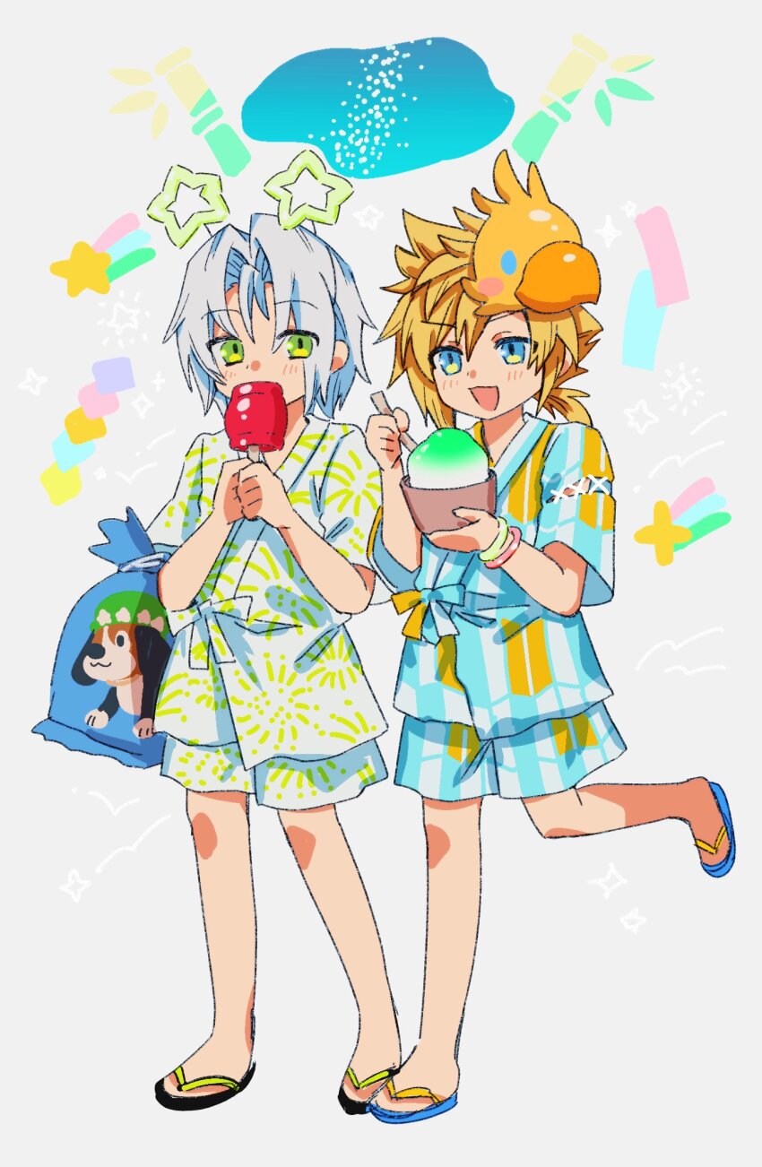 2boys aged_down bag bamboo blonde_hair blue_eyes candy_apple character_mask chocobo cloud_strife commentary eating final_fantasy final_fantasy_vii food glowstick green_eyes grey_hair highres holding holding_candy_apple holding_shaved_ice holding_spoon japanese_clothes keiseki1 male_focus mask mask_on_head multiple_boys open_mouth sephiroth sephiroth_(ever_crisis) shaved_ice short_hair smile spiked_hair spoon stamp_(ff7) star_(symbol) summer_festival symbol-only_commentary tanabata wooden_spoon