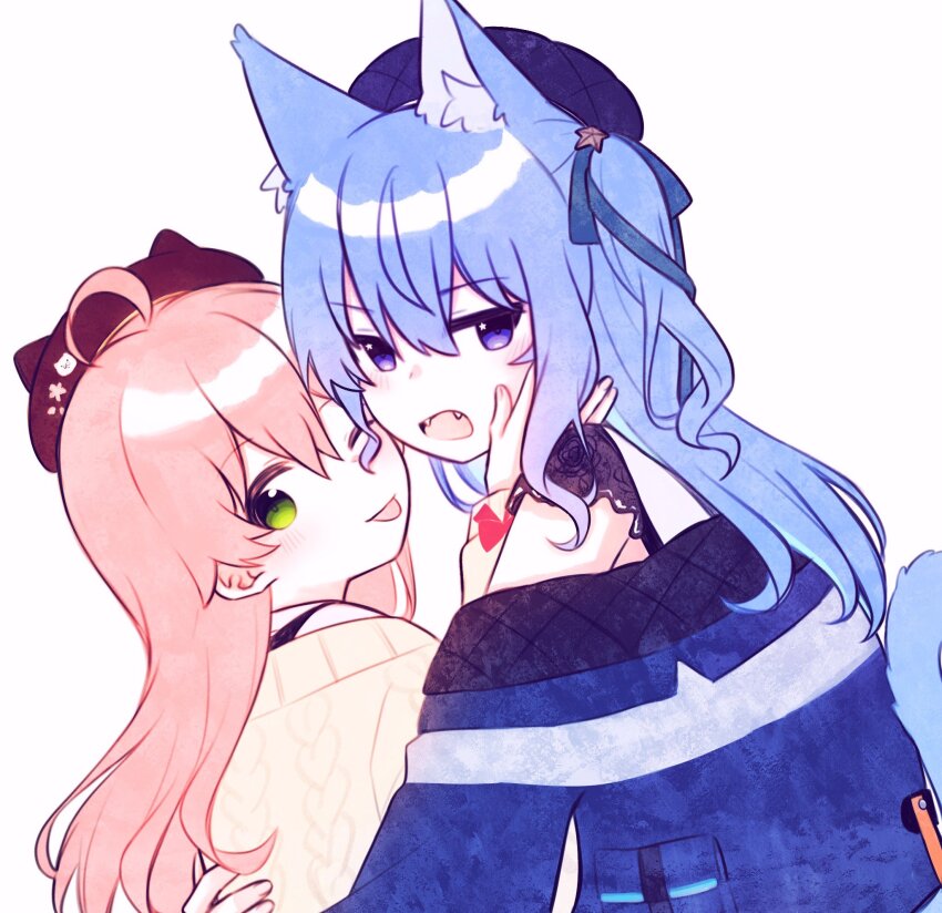 2girls ahoge beret black_hat blue_eyes blue_hair blush breasts cat_girl choker green_eyes hair_between_eyes hair_ornament hat highres hololive hoshimachi_suisei hoshimachi_suisei_(casual) jacket jewelry kemonomimi_mode long_hair long_sleeves looking_at_viewer multiple_girls official_alternate_costume official_alternate_hair_length official_alternate_hairstyle open_mouth pantyhose pink_hair plaid_hat ribbed_sweater ribbon sakura_miko shirt side_ponytail skirt solo star_(symbol) star_in_eye sweater symbol_in_eye virtual_youtuber yumi5469
