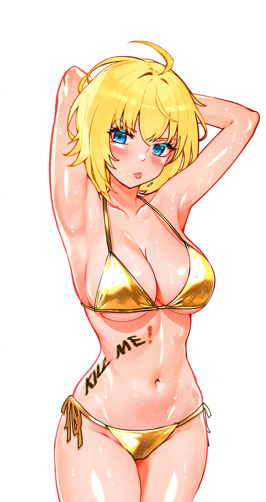 1girl :p absurdres ahoge amy_strickland armpits arms_behind_head arms_up art_undertaker bare_arms bikini blonde_hair blue_eyes blush body_writing breasts cleavage closed_mouth collarbone commentary counter:side cowboy_shot english_commentary gold_bikini highres large_breasts long_eyelashes looking_at_viewer medium_hair navel presenting_armpit side-tie_bikini_bottom solo standing stomach swimsuit tongue tongue_out underboob v-shaped_eyebrows variant_set wet wet_clothes wet_swimsuit