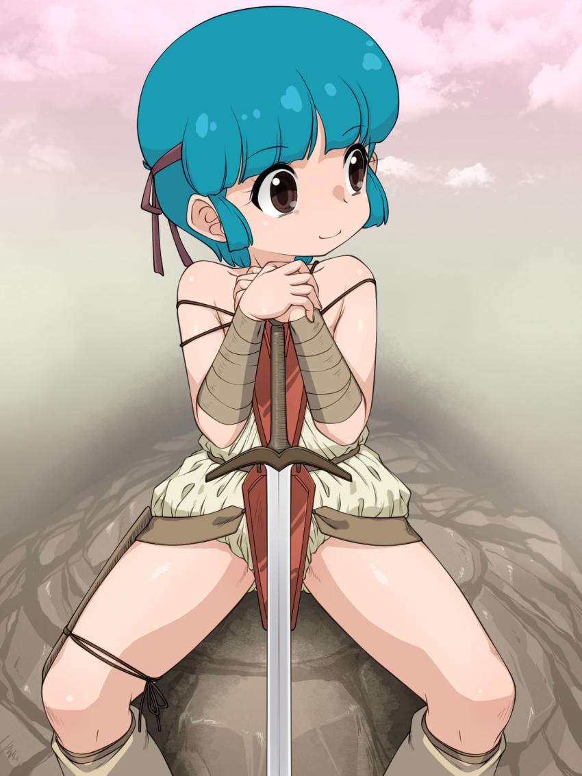 1girl armor bare_shoulders black_eyes blue_hair blunt_sidelocks cloud cloudy_sky headband highres mahou_no_tenshi_creamy_mami morisawa_yuu nurugamer-kouyouju on_rock planted planted_sword planted_weapon rock sheath short_hair sidelocks sitting sky smile solo sword tareme thighs weapon
