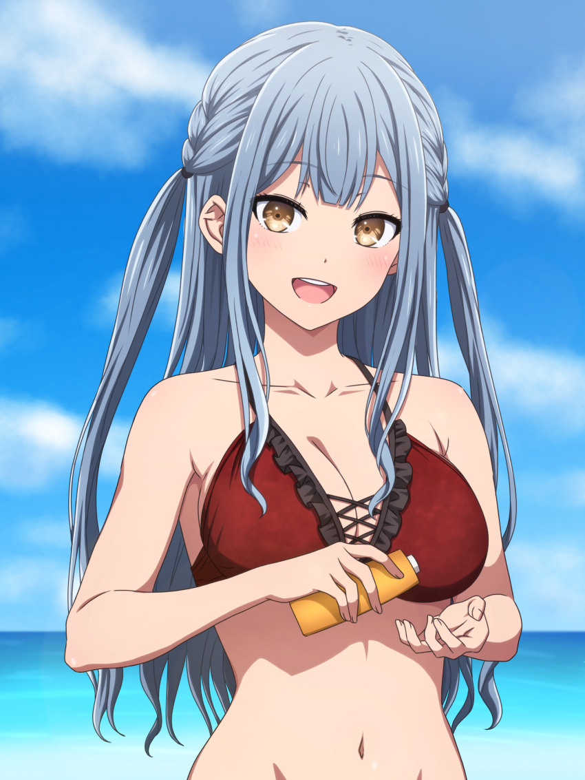 1girl adapted_costume bang_dream! bang_dream!_it&#039;s_mygo!!!!! bikini blue_hair blush breasts cleavage collarbone commentary day highres large_breasts long_hair looking_at_viewer navel noshimurin oblivionis_(bang_dream!) open_mouth outdoors paid_reward_available red_bikini sidelocks solo stomach swimsuit teeth textless_version togawa_sakiko two_side_up upper_teeth_only