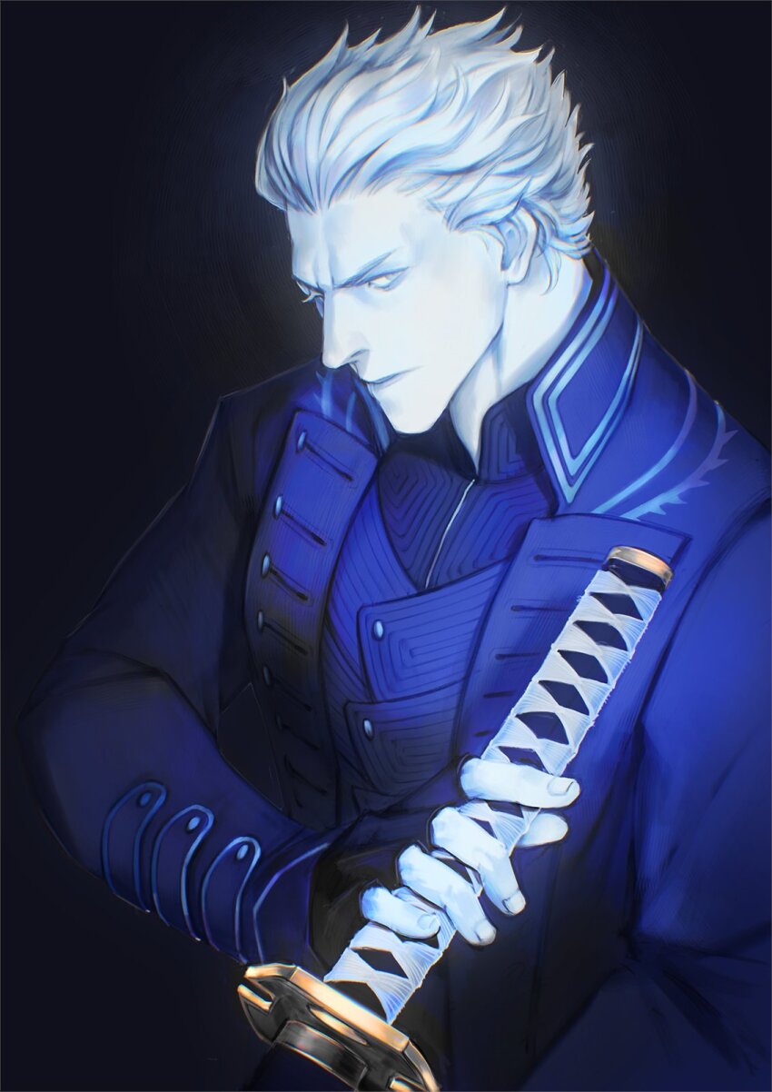 black_background black_gloves blue_coat blue_vest closed_mouth coat commentary devil_may_cry_(series) devil_may_cry_5 fingerless_gloves gloves hair_slicked_back hashtag-only_commentary highres holding holding_sword holding_weapon kanzaki_vs lapels long_sleeves looking_to_the_side open_clothes open_coat popped_collar short_hair sideways_glance simple_background sword upper_body vergil_(devil_may_cry) vest weapon white_hair yamato_(sword)