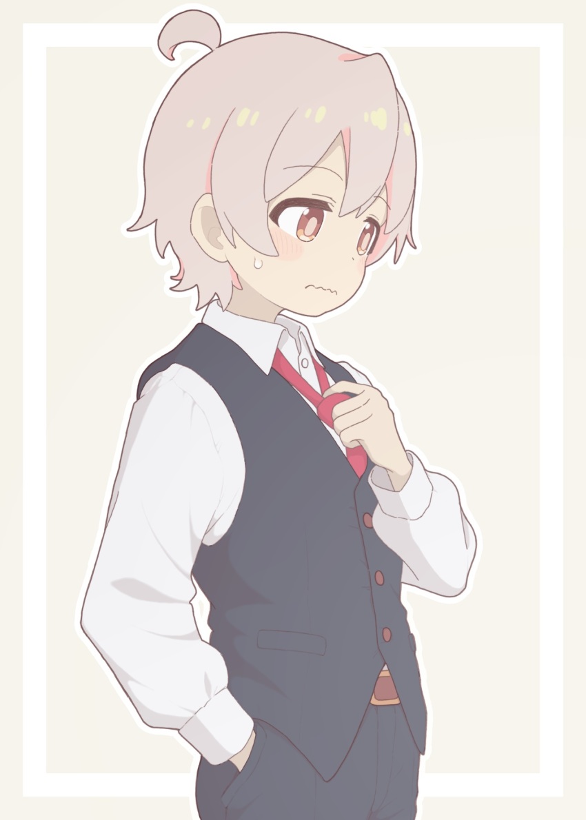 1boy ahoge black_pants black_vest blush brown_eyes commentary cowboy_shot frown grey_hair hand_in_pocket highres male_focus necktie onii-chan_wa_oshimai! outline oyama_mahiro_(male) pants red_necktie rtbspecter shirt simple_background solo sweatdrop vest wavy_mouth white_outline white_shirt wing_collar