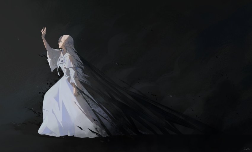 1girl arm_at_side arm_up artist_name black_background blue_eyes braid capelet collarbone commentary dirty dirty_clothes dirty_face dust_cloud final_fantasy final_fantasy_xiv from_side full_body grey_hair half_updo hane_(yhane312) highres hood hood_down hooded_capelet long_hair long_sleeves mask mask_around_neck unworn_mask outstretched_arm profile robe signature single_braid smile solo torn_clothes torn_robe venat_(ff14) walking white_capelet white_robe wide_sleeves