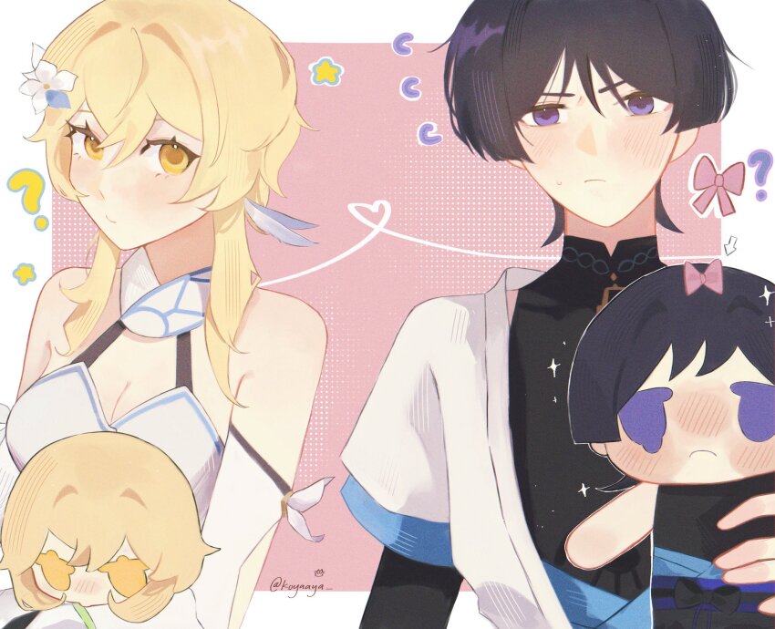 1boy 1girl ? arm_at_side bare_shoulders black_bodysuit black_bridal_gauntlets black_hair blonde_hair blue_feathers blue_flower blue_kimono blue_sleeves blue_trim blunt_ends blush bodysuit border bow breasts bridal_gauntlets character_doll cleavage closed_mouth doll dress eyelashes feather_hair_ornament feathers flower flying_sweatdrops furrowed_brow genshin_impact hair_between_eyes hair_flower hair_ornament halterneck highres holding holding_doll japanese_clothes juban kimono koyaaya layered_sleeves looking_at_viewer lumine_(genshin_impact) mandarin_collar multicolored_flower open_clothes open_kimono pink_background pink_bow purple_eyes scaramouche_(genshin_impact) scarf short_hair short_hair_with_long_locks short_sleeves shoulder_peek sidelocks star_(symbol) sweatdrop twitter_username wanderer_(genshin_impact) white_border white_dress white_flower white_kimono white_scarf white_sleeves wispy_bangs yellow_eyes