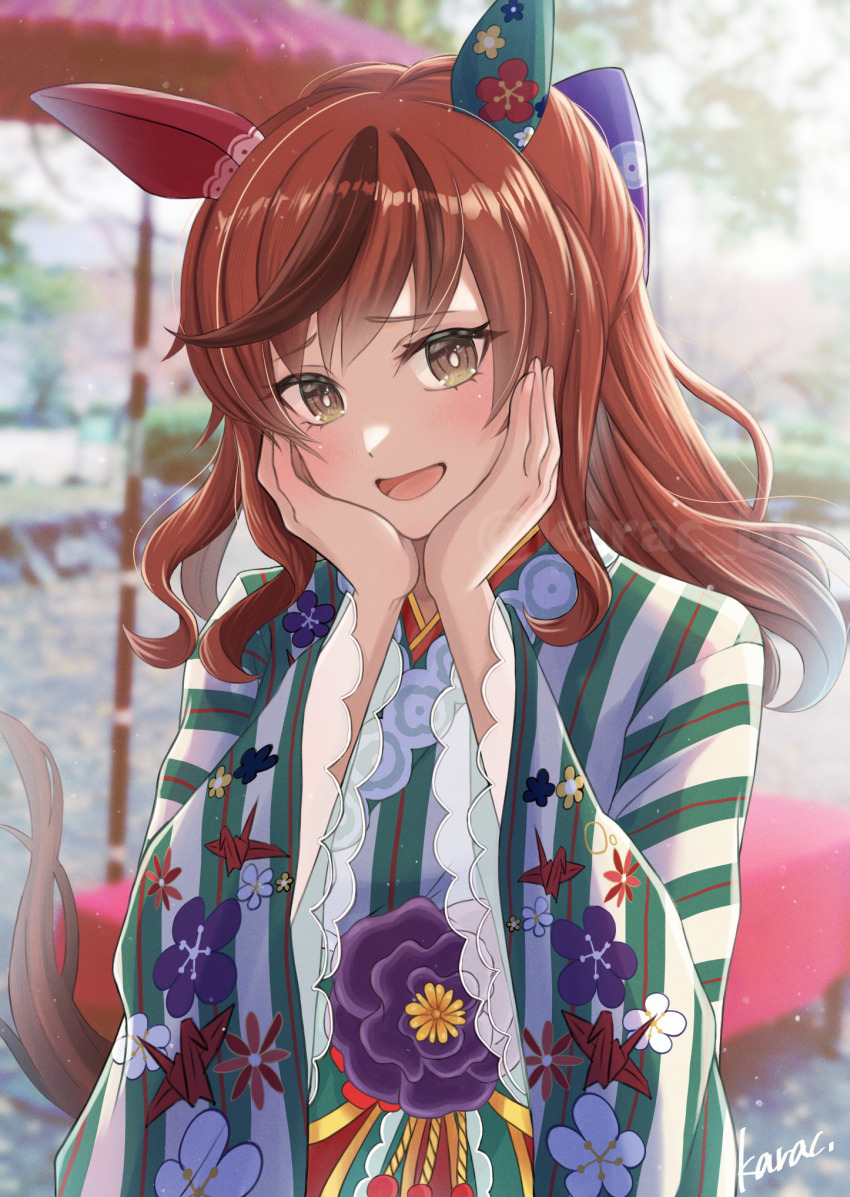 1girl animal_ears blurry blurry_background blush brown_eyes collarbone commentary_request ear_covers fidgeting hair_ornament halcioneis heavy_breathing highres horse_ears horse_girl japanese_clothes kimono long_hair looking_at_viewer medium_hair nice_nature_(converging_wishes)_(umamusume) nice_nature_(umamusume) official_alternate_costume official_alternate_hairstyle open_mouth outdoors red_hair shrine solo sparkle umamusume