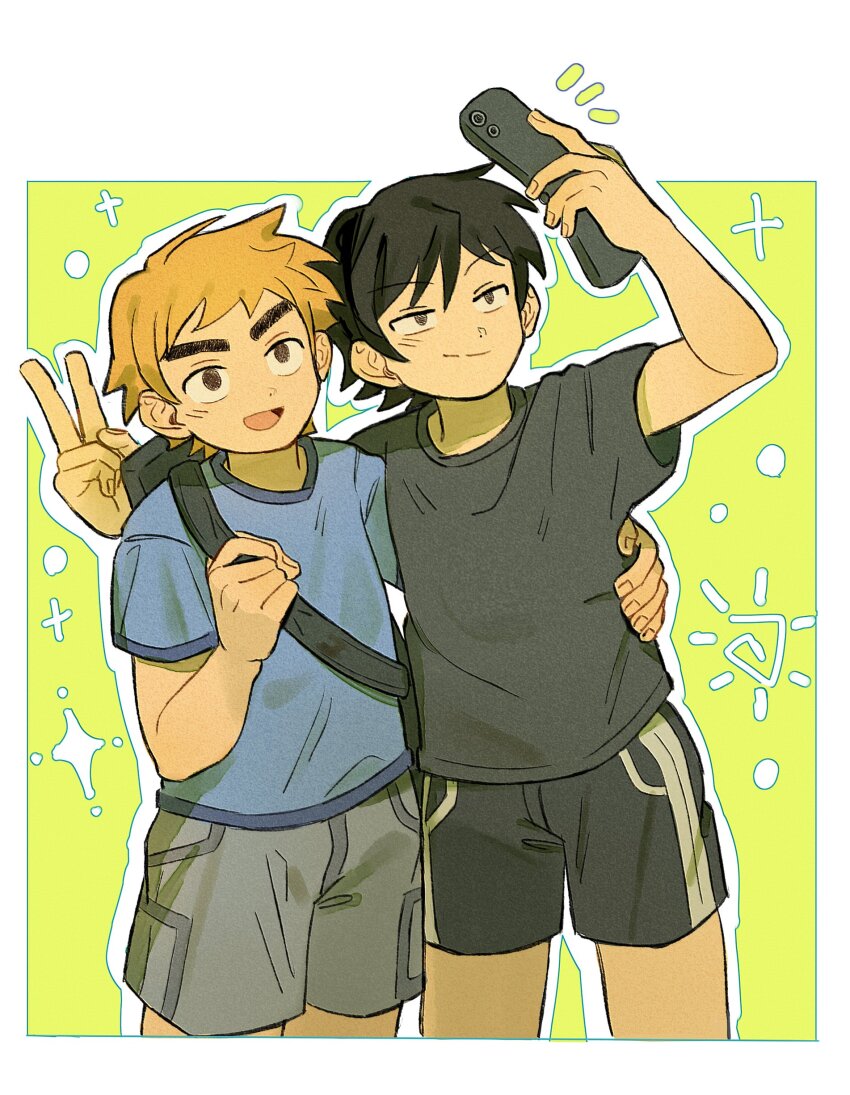 2boys absurdres black_eyes black_hair black_shirt black_shorts blonde_hair blue_shirt border cellphone flip_phone green_background grey_shorts highres holding holding_phone male_focus multiple_boys phone scott_pilgrim scott_pilgrim_(series) shirt short_hair short_sleeves shorts simple_background standing v wallace_wells white_border xxyang4747