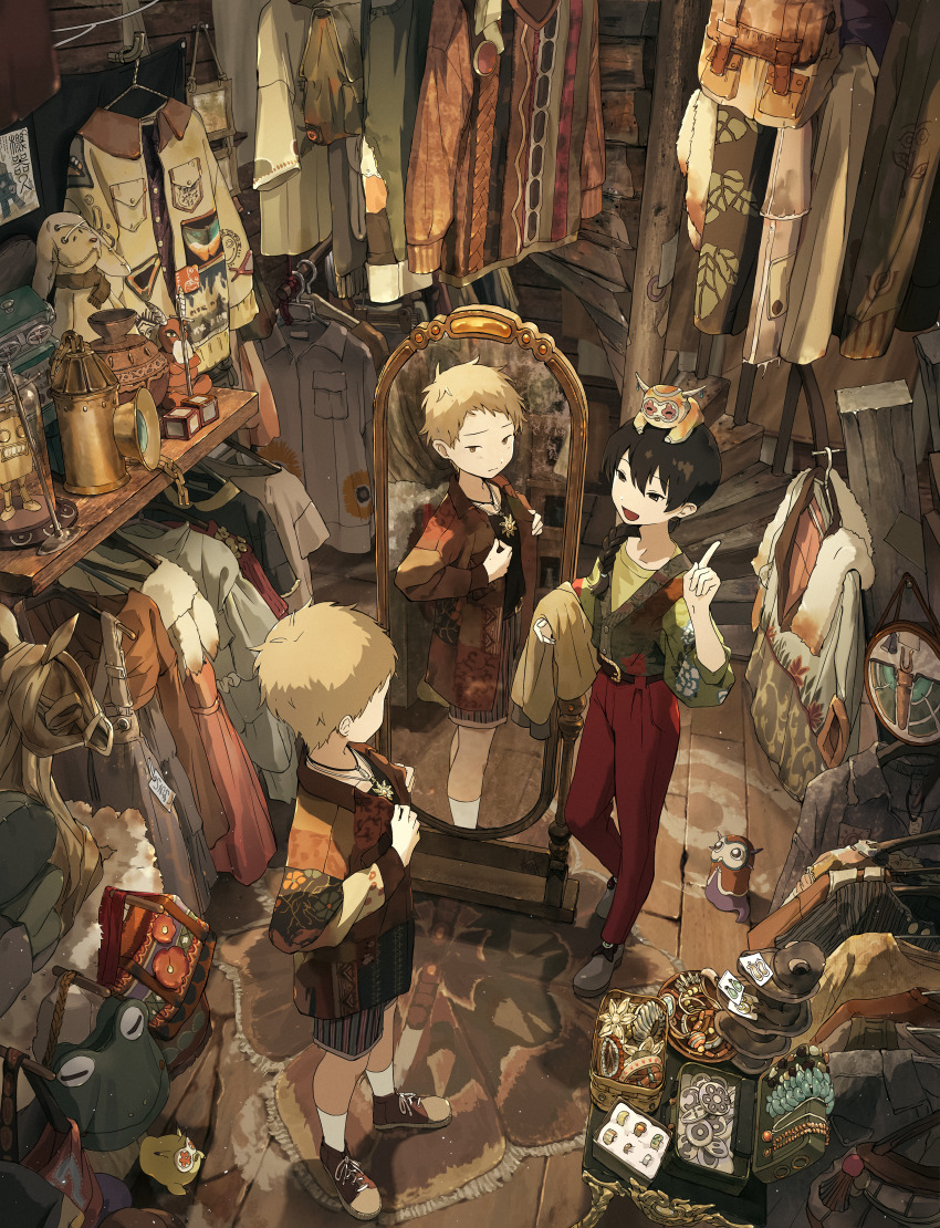2boys absurdly_detailed_composition absurdres belt black_hair box braid braided_ponytail brown_hair brown_shoes chakotata clothes_hanger clothes_shop commentary_request creature creature_on_head doll embroidery frog from_above full-length_mirror green_shirt grey_shoes hair_over_shoulder hand_up highres index_finger_raised indoors jacket jewelry loaded_interior long_sleeves looking_at_another looking_at_mirror male_focus mirror multicolored_jacket multiple_boys necklace original pants pendant red_pants reflection shirt shoes short_hair shorts single_braid smile sneakers socks spiral_staircase stairs standing stuffed_animal stuffed_dog stuffed_rabbit stuffed_toy trying_on_clothes unworn_clothes vase vest white_socks wooden_floor