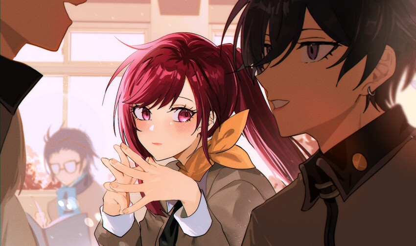 1girl 3boys androgynous ascot bishounen black_hair blue_ascot blush book collared_shirt earrings eyelashes fingernails fsmaichobpeg0 glasses grey_shirt hands_up head_out_of_frame highres holding holding_book indoors jewelry kirishima_eriko long_hair long_sleeves looking_at_another multiple_boys nanjou_kei opaque_glasses open_mouth orange_ascot own_hands_together persona persona_1 ponytail purple_eyes purple_hair reading school_uniform shirt short_hair single_earring smile solo_focus st._hermelin_school_uniform steepled_fingers talking toudou_naoya window