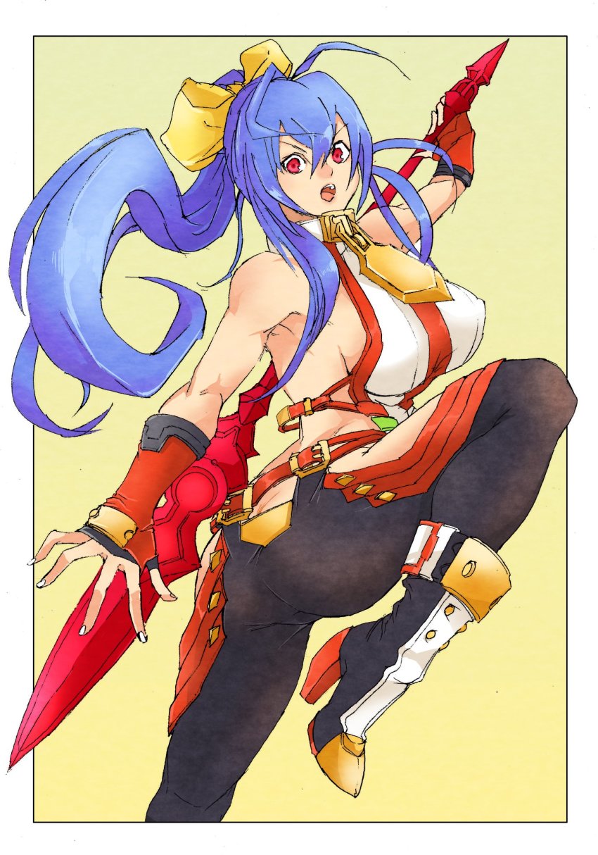 1girl antenna_hair arc_system_works armpits ass bare_shoulders blazblue boots border bow breasts butt_crack fingerless_gloves gloves hair_bow hair_ribbon halterneck halterneck high_heel_boots high_heels highres large_breasts long_hair looking_at_viewer mai_natsume open_mouth outseal pants polearm ponytail red_eyes ribbon sideboob solo spear twittakj v-shaped_eyebrows very_long_hair weapon white_border yellow_background