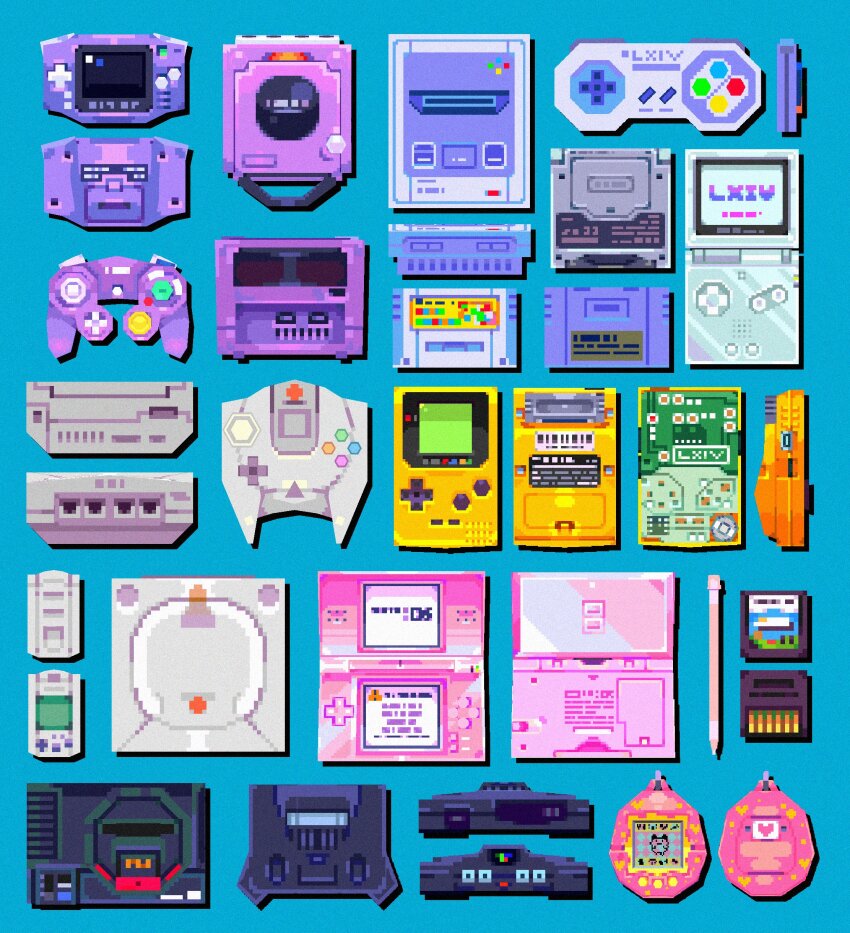 3d absurdres blockbench_(medium) blue_background circuit_board commentary dreamcast_controller english_commentary game_boy game_boy_advance game_boy_advance_sp game_boy_color game_console gamecube gamecube_controller handheld_game_console highres low_poly mametchi mario_(series) new_super_mario_bros. nintendo nintendo_64 nintendo_ds_lite no_humans object_focus sega sega_dreamcast sega_mega_drive simple_background stylus super_famicom super_famicom_gamepad super_mario_world tamagotchi tamagotchi_(classic) tamagotchi_(virtual_pet) violet_(violxiv) virtual_pet_(toy) vmu