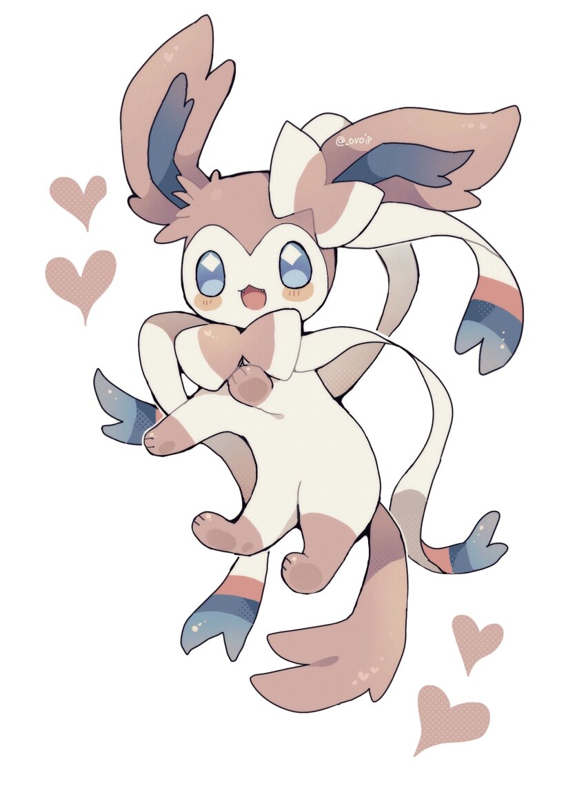 animal_focus blue_eyes blush blush_stickers commentary_request full_body gen_6_pokemon heart highres nintendo no_humans open_mouth ovoip pokemon pokemon_(creature) simple_background smile solo sylveon twitter_username white_background