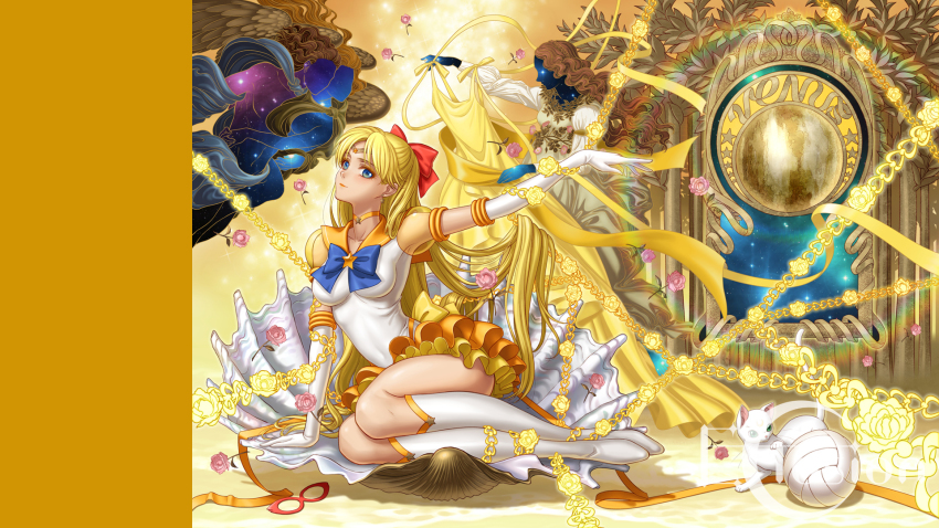 10s 1girl aino_minako bishoujo_senshi_sailor_moon bishoujo_senshi_sailor_moon_crystal bishoujo_senshi_sailor_moon_stars blonde_hair blue_eyes bow brooch choker eclosion elbow_gloves female_focus gloves hair_bow highres jewelry long_hair magical_girl orange_skirt red_bow sailor_senshi sailor_venus skirt solo star_brooch super_sailor_venus_(stars) tiara white_gloves