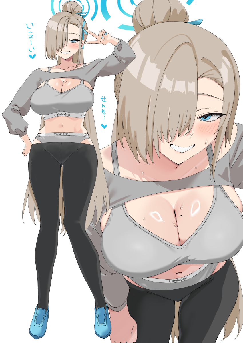 1girl absurdres asuna_(blue_archive) black_pants blonde_hair blue_archive blue_eyes blue_ribbon blush breasts cleavage full_body grey_panties grey_shrug grey_sports_bra grin hair_bun hair_over_one_eye hair_ribbon halo highres large_breasts leaning_forward long_hair long_sleeves looking_at_viewer multiple_views navel nuko_(mikupantu) panties pants ribbon shoes shrug_(clothing) smile sneakers sports_bra underwear very_long_hair yoga_pants