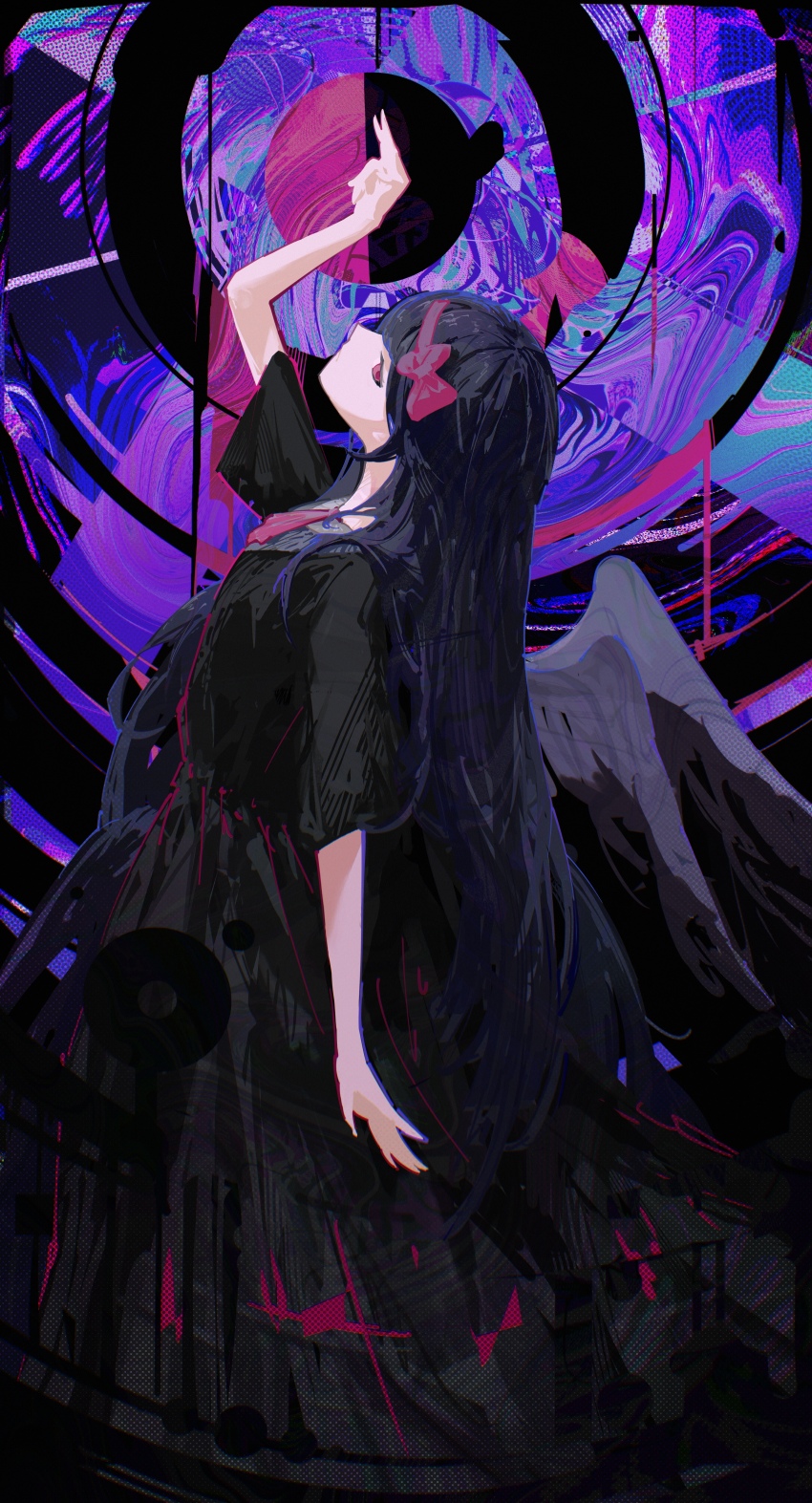 1girl abstract_background absurdres akemi_homura akemi_homura_(black_dress) arm_up black_dress black_hair black_wings dress highres long_hair looking_at_viewer looking_up mahou_shoujo_madoka_magica mahou_shoujo_madoka_magica:_hangyaku_no_monogatari purple_eyes raum_en short_sleeves solo very_long_hair wings