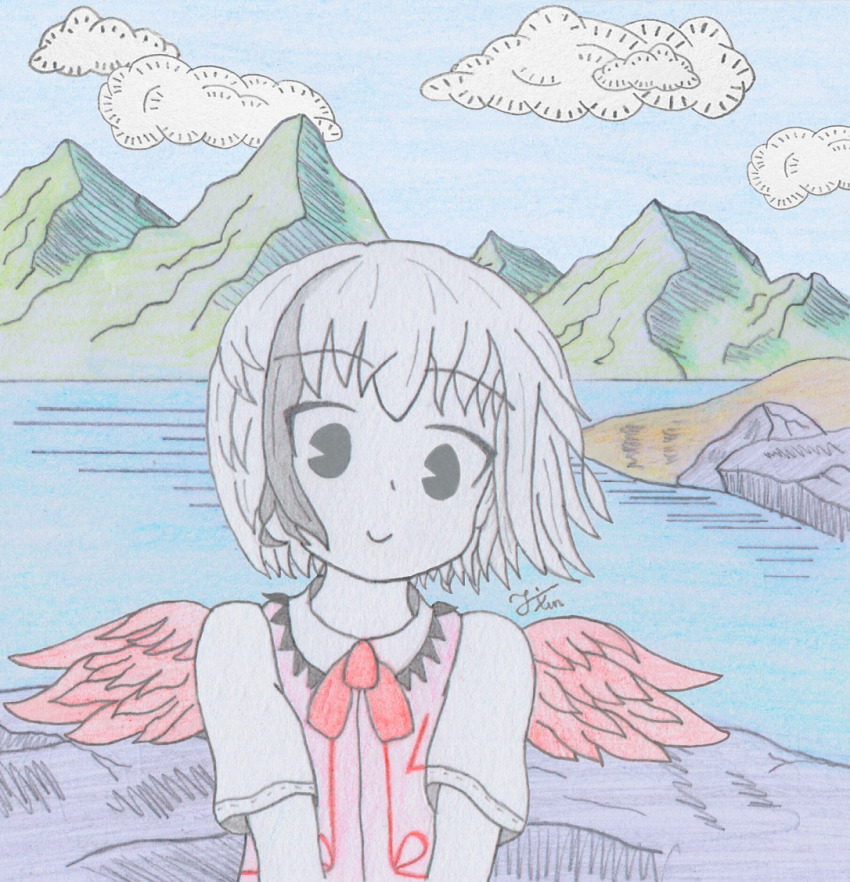 1girl bird_wings colored_pencil_(medium) hollow_song_of_birds junwen971 light_smile looking_at_viewer multicolored_hair neck_ribbon pink_vest red_wings ribbon short_hair smile solo torisumi_horou touhou traditional_media vest wings