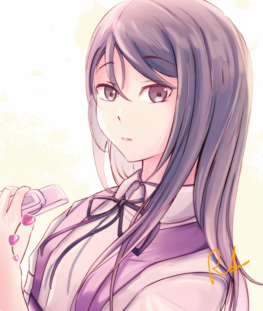 1girl amanchu! black_hair bow bowtie cellphone cellphone_charm charm_(object) female_focus flip_phone fuura highres long_hair looking_at_viewer ooki_futaba open_mouth phone portrait school_uniform signature skirt solo suspender_skirt suspenders swept_bangs very_long_hair