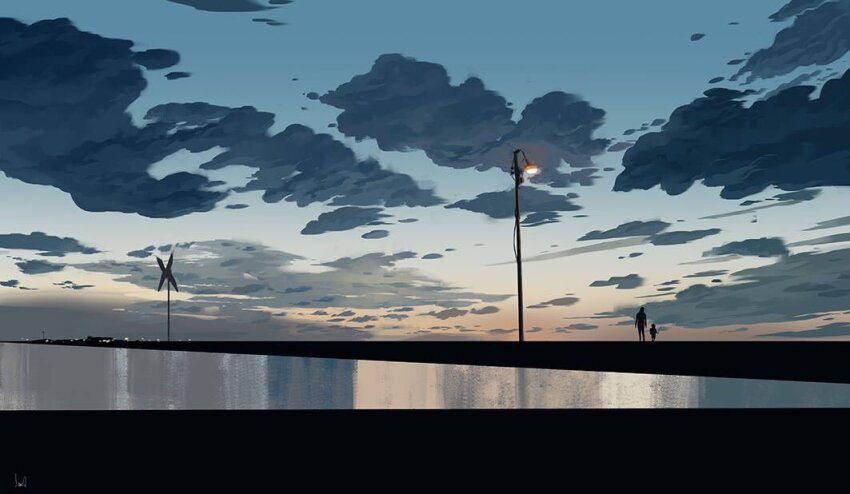 2boys blue_sky child cloud cloudy_sky day lamppost multiple_boys original reflection reflective_water scenery sky slow_d town utility_pole water windmill