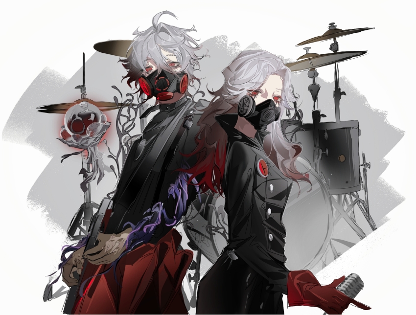 ada_mesmer ada_mesmer_(doomsday_rescuer) ahoge black_dress black_shirt character_request covered_mouth dress drum drum_set electric_guitar emil_(identity_v) emil_(rare_case)_(identity_v) expressionless goose03249 gradient_hair grey_hair guitar hair_between_eyes harness highres holding holding_guitar holding_instrument holding_microphone identity_v instrument long_hair long_sleeves looking_at_viewer mask microphone multicolored_hair parted_bangs red_eyes respirator shirt short_hair standing veins white_background