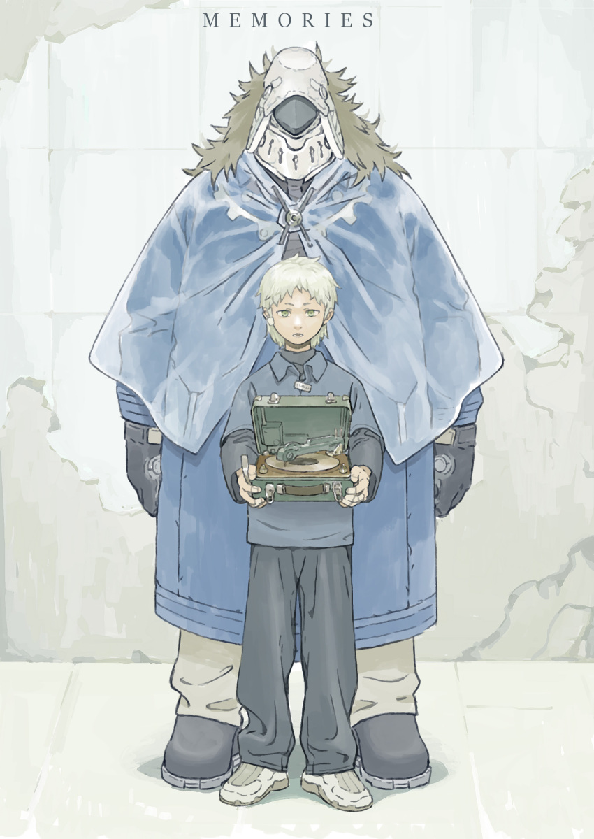 2boys absurdres black_gloves black_pants blue_coat blue_shirt boots brown_hair chenrong96 coat collared_shirt gloves green_eyes grey_hair helmet highres holding long_sleeves looking_at_viewer multiple_boys open_mouth original pants phonograph shirt shoes short_hair short_sleeves standing straight-on turntable