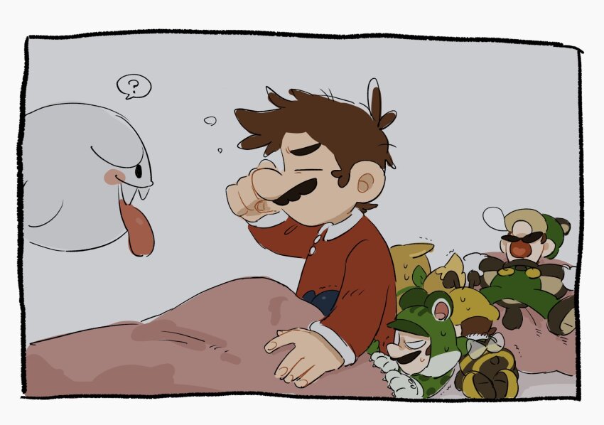 2boys bee_mario blanket blue_overalls boo_(mario) brown_hair cat_luigi facial_hair flying_squirrel flying_squirrel_luigi gloves green_shirt highres kitsune_luigi luigi male_focus mario mario_(series) mimimi_(mimimim9999) multiple_boys multiple_persona new_super_mario_bros._u nintendo open_mouth overalls pajamas shirt short_hair squirrel super_mario_3d_land super_mario_3d_world super_mario_galaxy