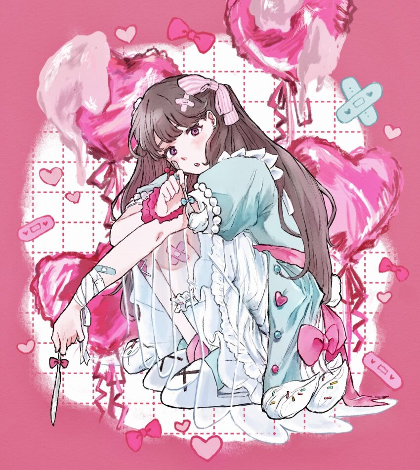 1girl :o animal_slippers aqua_dress balloon bandaged_arm bandages bandaid bandaid_hair_ornament border brown_hair commentary_request dotted_line dress fork frilled_socks frills fujishima_megumi grid_background hair_ornament hair_ribbon hakuchu_a_la_mode heart_balloon highres holding holding_fork holding_knife knife layered_dress link!_like!_love_live! long_hair looking_at_viewer love_live! medium_dress official_alternate_costume open_mouth pink_border pink_ribbon puffy_short_sleeves puffy_sleeves purple_eyes ribbon short_sleeves slippers socks solo squatting table_knife two_side_up virtual_youtuber whipped_cream white_background white_dress white_slippers white_socks yam5565