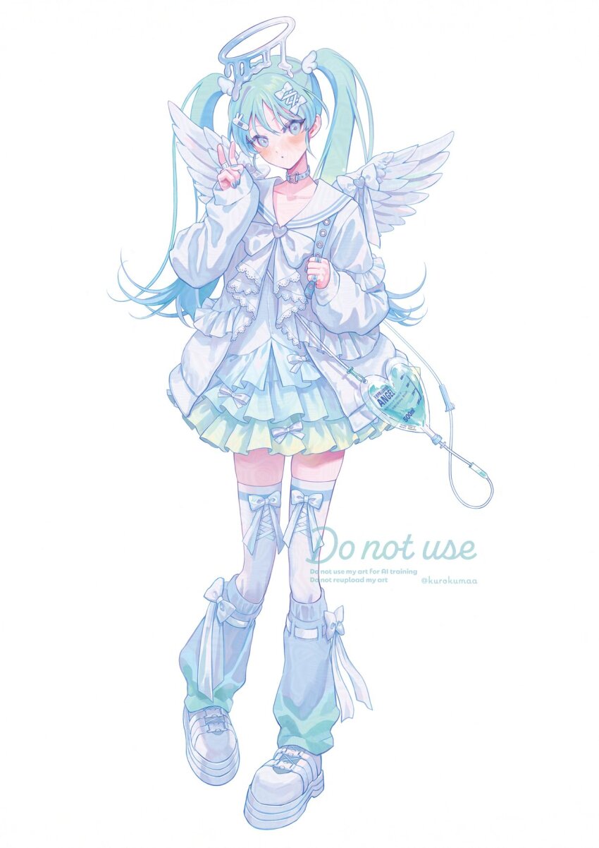 1girl angel_wings blood blood_bag blue_eyes bow cute_x_subculture_hatsune_miku_design_contest fashion gradient_clothes gradient_skirt halo hashtag-only_commentary hatsune_miku highres intravenous_drip leg_warmers long_sleeves looking_at_viewer makkuro melting_halo sailor_collar shirt shoes skirt solo tenshi_kaiwai thighhighs v vocaloid white_background white_shirt white_thighhighs wings zettai_ryouiki