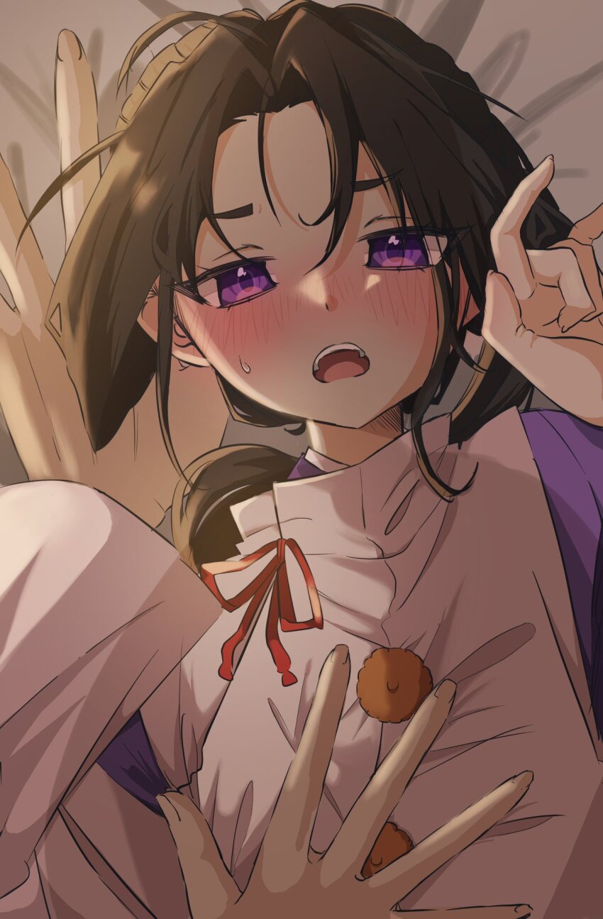 1boy annoyed bed black_hair blush bow furrowed_brow hand_on_another&#039;s_chest hand_on_bed highres houjou_tokiyuki_(nige_jouzu_no_wakagimi) implied_yaoi japanese_clothes kariginu long_sleeves looking_at_viewer lying nige_jouzu_no_wakagimi on_back open_mouth parted_bangs pinned pointing ponytail pov pov_hands sidelocks_tied_back small_sweatdrop solo_focus teeth upper_teeth_only