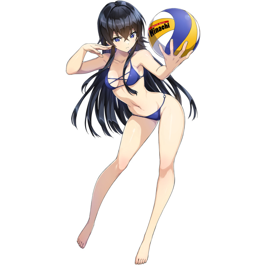 1girl ball barefoot bikini black_hair blue_bikini blue_eyes breasts crossed_bangs dolphin_wave game_cg hagane_otsuki highres holding holding_ball light_blush light_frown long_hair looking_at_viewer navel non-web_source o-ring o-ring_bikini official_alternate_costume official_art ootomo_takuji serving_(sports) skindentation small_breasts solo swimsuit transparent_background volleyball_(object)