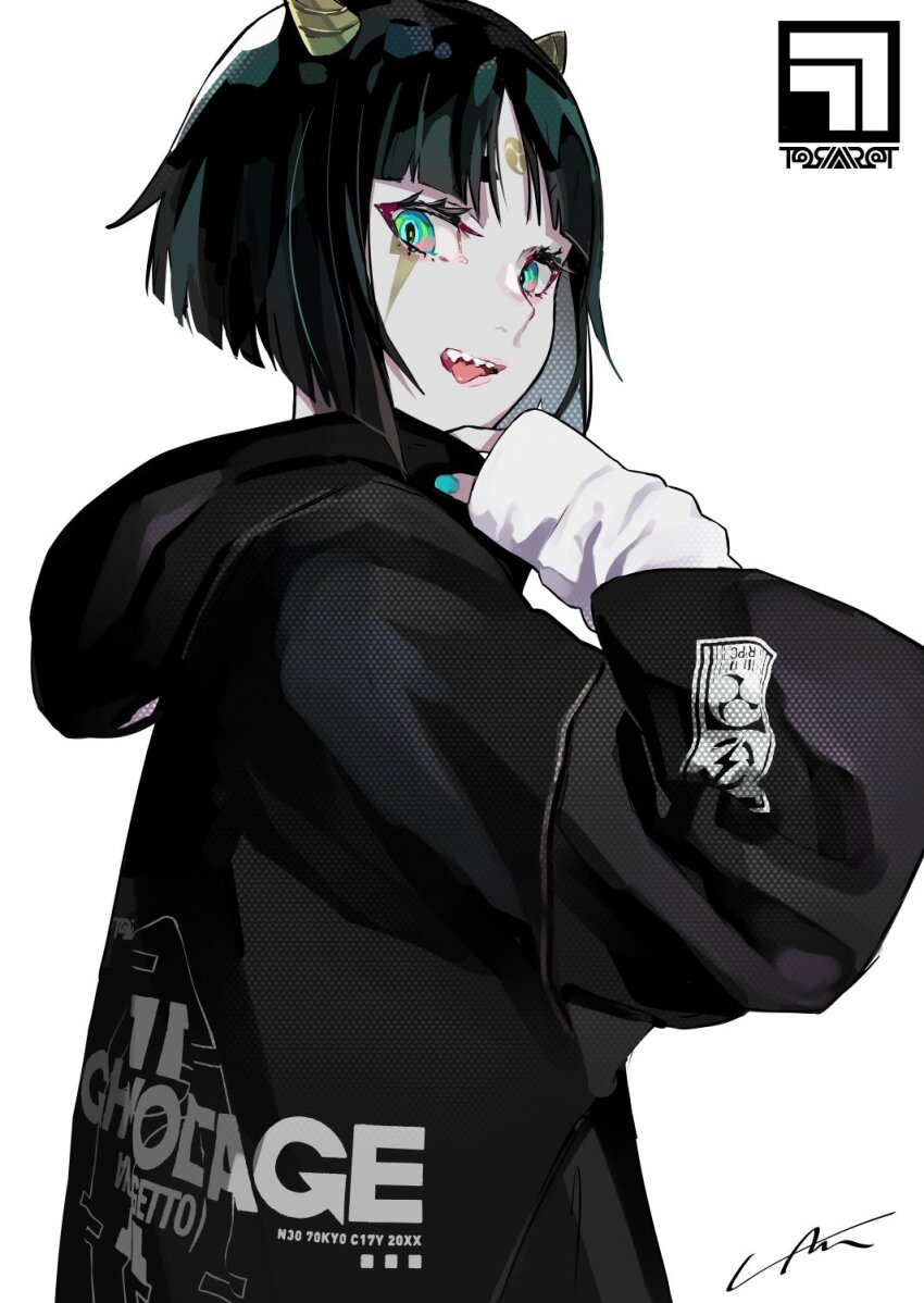 1girl adjusting_hood aqua_eyes black_hair blue_nails blunt_bangs blunt_ends bob_cut clothes_writing colored_skin commentary cowboy_shot english_commentary english_text eyelashes from_behind gradient_eyes grey_skin highres hood hood_down hooded_jacket horns jacket lam_(ramdayo) layered_sleeves lightning_bolt_facial_mark long_sleeves looking_at_viewer marking_on_cheek multicolored_eyes nail_polish open_mouth original parted_bangs pink_eyes sharp_teeth short_hair signature simple_background sleeves_past_wrists small_horns smile solo sweater teeth tongue upper_teeth_only watermark white_background white_jacket white_sweater yellow_horns