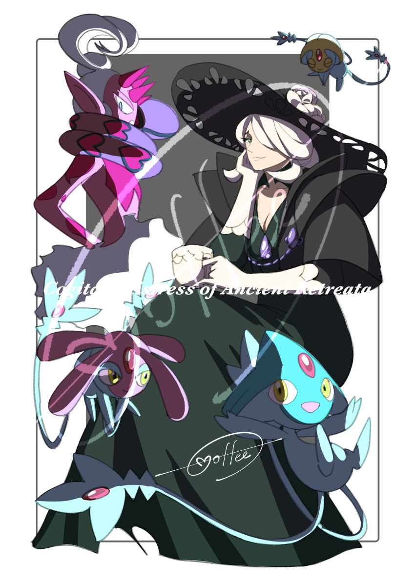 1girl absurdres azelf black_dress black_hat border cccacademia character_name closed_mouth cogita_(pokemon) cup dress enamorus enamorus_(incarnate) flower gen_4_pokemon gloves grey_background grey_eyes hair_over_one_eye hat hat_flower head_rest highres holding holding_cup legendary_pokemon mesprit mixed-language_commentary nintendo pokemon pokemon_(creature) pokemon_legends:_arceus short_hair signature smile teacup uxie white_border white_flower white_gloves