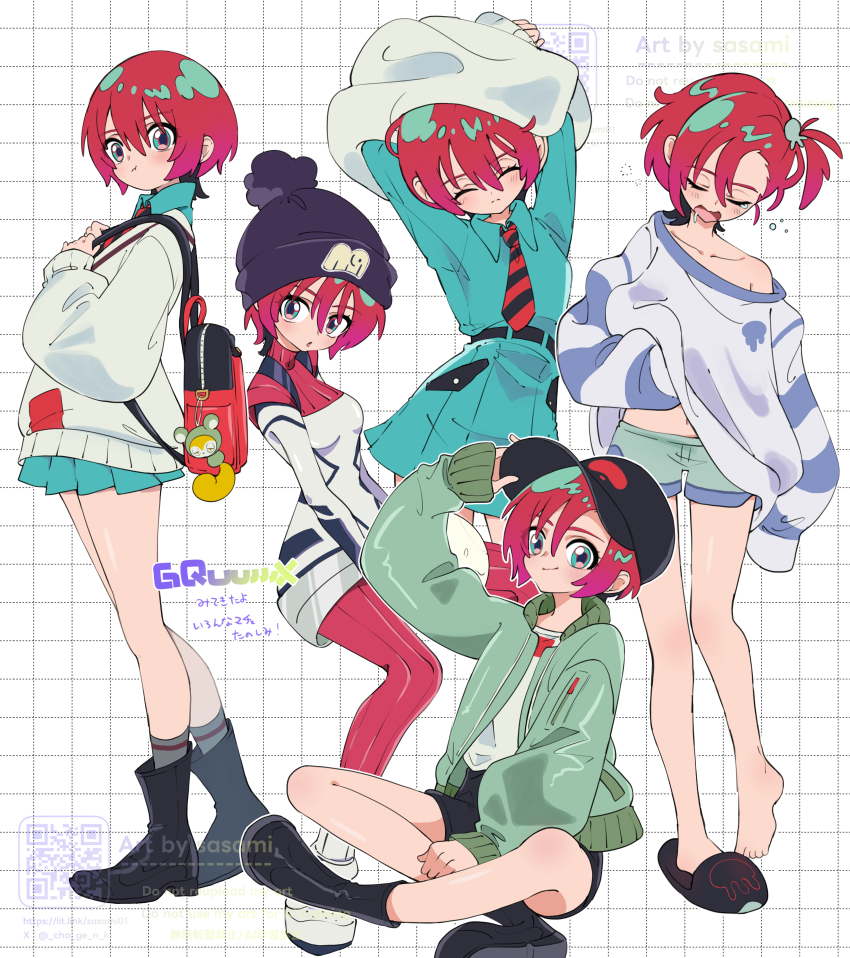 1girl :t absurdres amate_yuzuriha ankle_boots artist_name bag_charm barefoot baseball_cap beanie black_boots black_hair black_hat black_shorts blush bodysuit boots charm_(object) closed_eyes closed_mouth collared_shirt commentary_request copyright_name diagonal-striped_clothes diagonal-striped_necktie dress_shirt drooling feet green_eyes green_hair green_jacket green_shirt green_shorts green_skirt gundam gundam_gquuuuuux hair_between_eyes hand_on_headwear hat highres indian_style jacket long_sleeves looking_at_viewer mecha_pilot_suit micro_shorts miniskirt multicolored_hair multiple_views necktie off_shoulder one_side_up open_clothes open_jacket open_mouth parted_lips pink_hair pleated_skirt pom_pom_(clothes) pom_pom_beanie pout puffy_long_sleeves puffy_sleeves qr_code red_bodysuit red_hair sasami_(cho_ge_n_ki) school_uniform shirt short_hair shorts single_slipper sitting skirt sleeves_past_fingers sleeves_past_wrists slippers smile squeans standing striped_clothes sweater tearing_up toes translation_request two-tone_bodysuit waking_up watermark white_bodysuit white_shirt white_sweater yawning