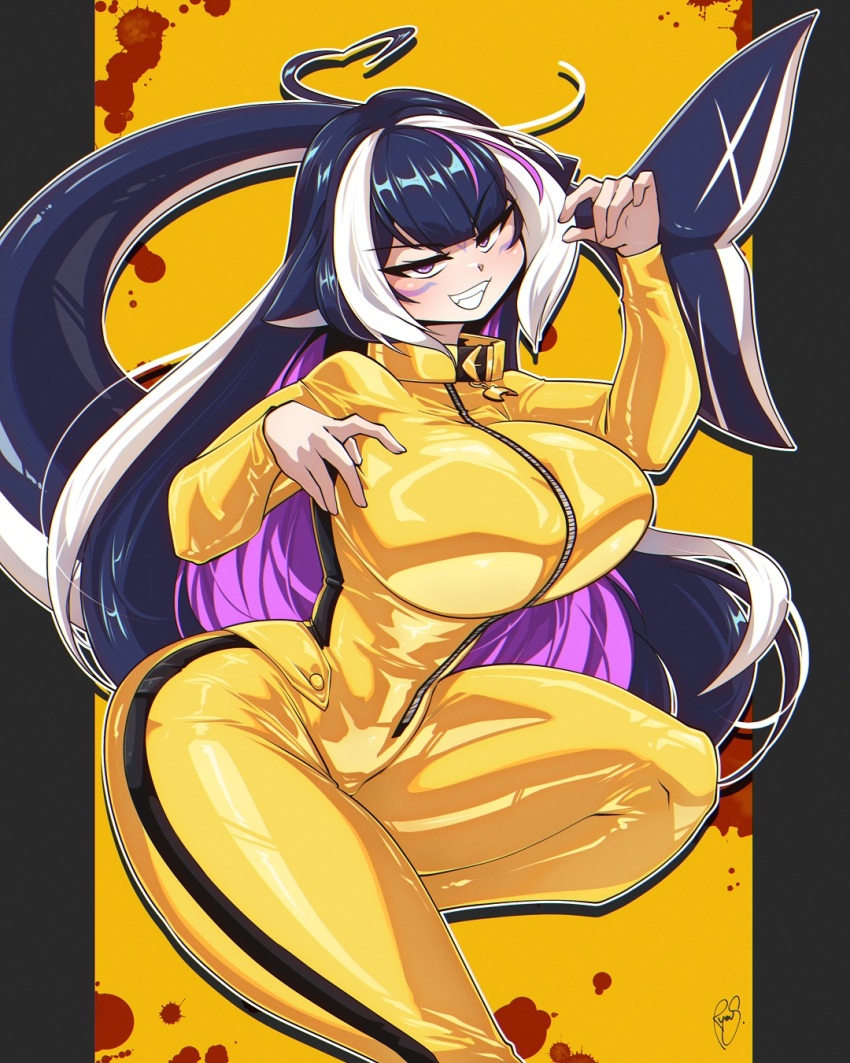 1girl ahoge animal_ears black_eyes black_hair bodysuit breasts cat_ears cetacean_tail colored_inner_hair fins fish_tail grey_hair heart heart_ahoge highres huge_breasts indie_virtual_youtuber long_hair looking_at_viewer made_in_2024 multicolored_hair orca_girl purple_hair ryou_sakai shylily shylily_(4th_costume) smile solo streaked_hair tail thick_thighs thighs very_long_hair virtual_youtuber yellow_bodysuit