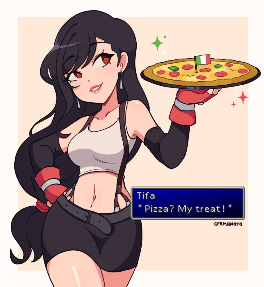 1girl bare_shoulders black_hair black_skirt brown_eyes collarbone commentary cowboy_shot cremanata crop_top detached_sleeves english_commentary english_text final_fantasy final_fantasy_vii fingerless_gloves food gloves hand_on_own_hip hand_up highres holding holding_plate italian_flag italian_senate_porn_livestream_(meme) lips long_hair looking_to_the_side low-tied_long_hair meme microskirt midriff navel parted_lips pencil_skirt pizza plate skirt smile solo square_enix stomach suspender_skirt suspenders tank_top taut_clothes tifa_lockhart very_long_hair white_tank_top