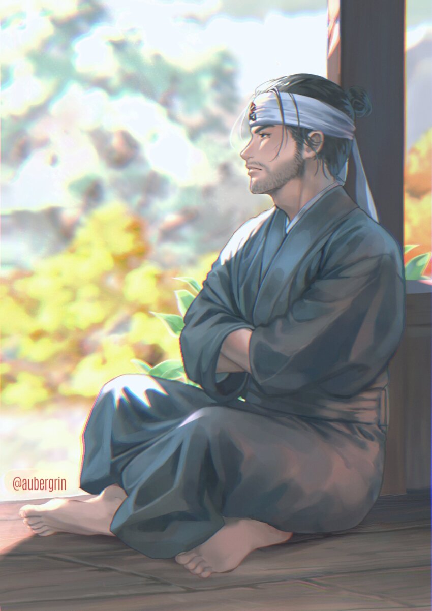 1boy adam&#039;s_apple aubergrin barefoot beard black_kimono blurry blurry_background brown_pants commentary crossed_arms english_commentary facial_hair ghost_of_tsushima hair_bun hakama hakama_pants headband highres indian_style japanese_clothes kimono long_sleeves looking_to_the_side male_focus mole mole_under_eye mustache pants profile sakai_jin short_hair sideburns single_hair_bun sitting soles solo tree twitter_username white_headband wooden_floor