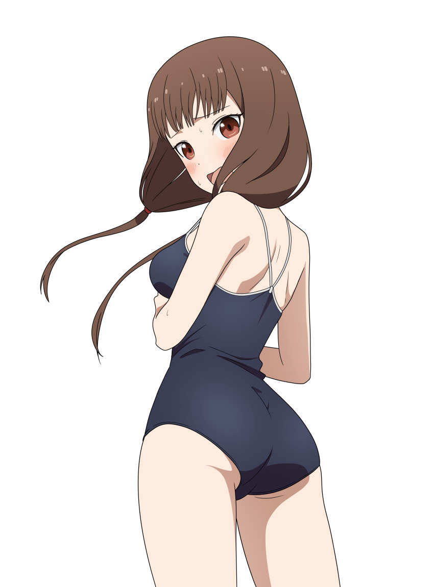 1girl absurdres ass blue_one-piece_swimsuit blush breasts brown_eyes brown_hair commentary competition_school_swimsuit coro_fae cowboy_shot embarrassed english_commentary floating_hair furrowed_brow highres iino_miko kaguya-sama_wa_kokurasetai_~tensai-tachi_no_renai_zunousen~ long_hair looking_at_viewer low_twintails medium_breasts one-piece_swimsuit open_mouth paid_reward_available school_swimsuit simple_background solo standing swimsuit turning_head twintails white_background