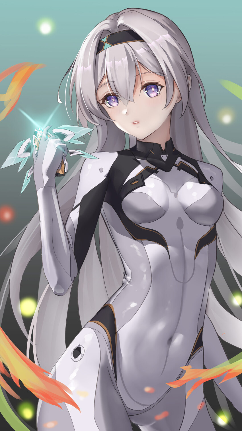 1girl absurdres black_hairband breasts commentary covered_navel cowboy_shot fire firefly_(ar-26710)_(honkai:_star_rail) firefly_(honkai:_star_rail) flag888 formal_clothes gloves gradient_background green_background hair_between_eyes hairband henshin highres honkai:_star_rail honkai_(series) light_particles long_hair looking_at_viewer medium_breasts official_alternate_costume parted_lips pilot_suit purple_eyes sidelocks solo suit symbol-only_commentary very_long_hair white_gloves white_hair white_suit