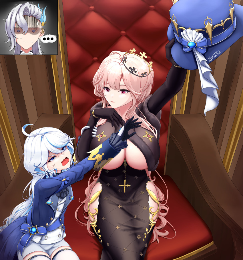 1boy 2girls absurdres anger_vein angry azur_lane blue_hair blue_headwear breasts clemenceau_(azur_lane) cross crossover crown flat_chest furina_(genshin_impact) genshin_impact gloves hat highres hydro_symbol_(genshin_impact) large_breasts light_blue_hair mismatched_pupils multiple_girls musanix neukkom neuvillette_(genshin_impact) pink_hair red_eyes simple_background teasing theater_seating top_hat